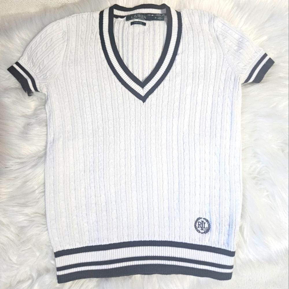 Lauren Ralph Lauren White Cable-Knit V-Neck Sweater with Navy Trim